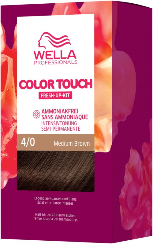 Een doos Wella Color Touch haarverf in medium bruin, met roze, paars en oranje kleuren en productinformatie.
