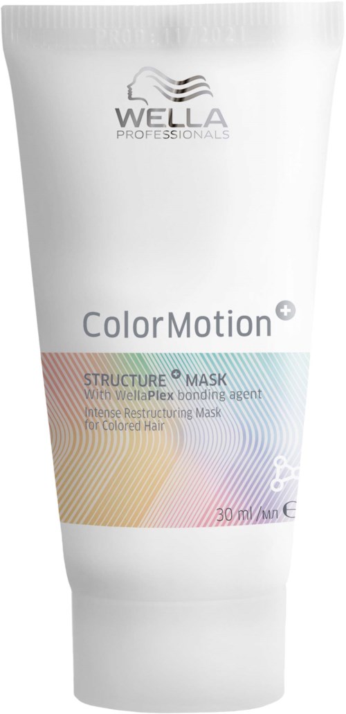 En vit tub märkbar 'Wella Professionals' och 'ColorMotion.' Det är en hårbehandlingsmask för färgat hår.