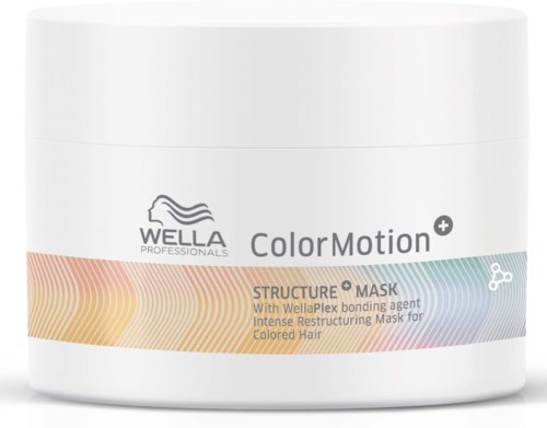 En hvid beholder mærket Wella Professionals Color Motion+ med en farverig stribe, der beskriver en hårgendannelsesmaske til farvet hår.