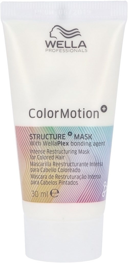 A white tube contains Wella Professionals Color Motion+ mask for colored hair, with pink and blue accents on the label.