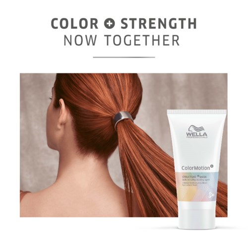 Red-haired woman with sleek hair and a Wella hair mask package. Text says, "Color + Strength Now Together."