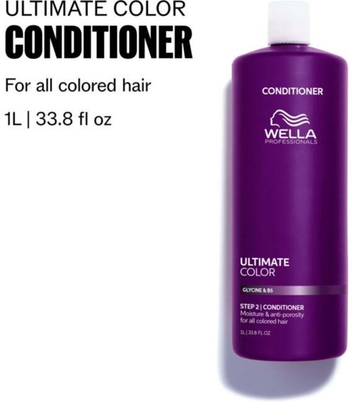 En lila flaska med Wella Ultimate Color Balsam för alla färgade hår, 1 liter, med märketikett.