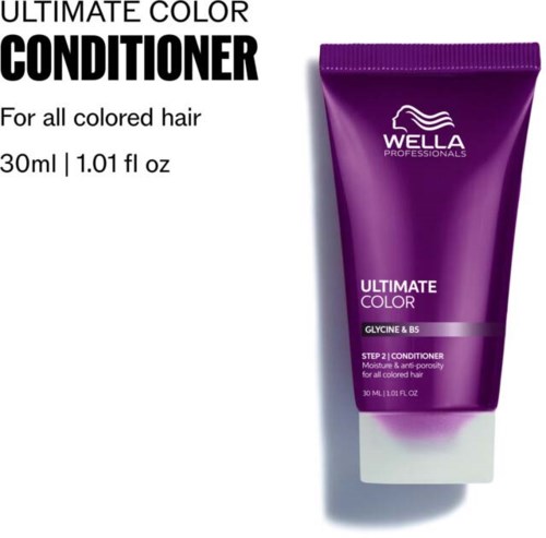 En lila tub av Wella Ultimate Color Conditioner för färgat hår, 30 ml, med text om användning.