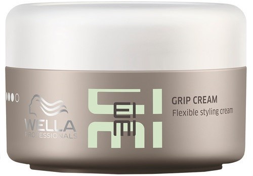 Ein Wella Grip Cream Behälter mit flexibler Haarstyling-Creme in schlichtem beige-weißem Design.