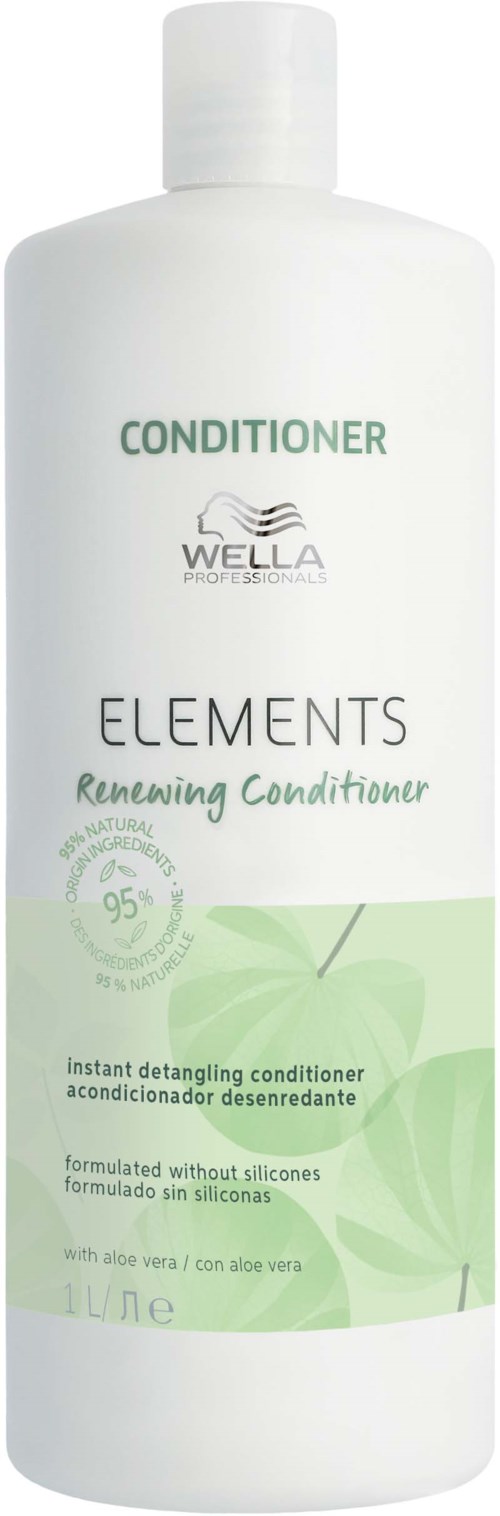 En hvit flaske med Wella Elements renewing conditioner, etiketten viser grønne blader, 95 % naturlige ingredienser, for å gre håret.