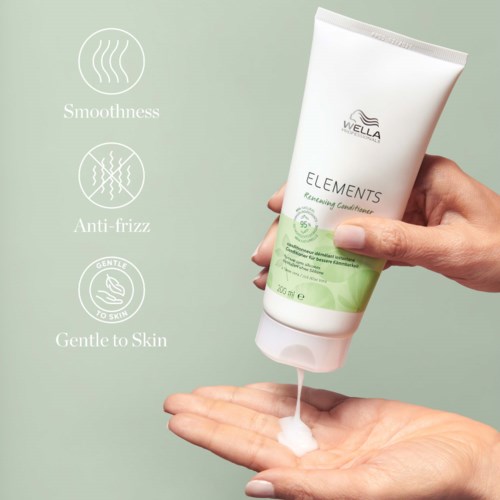 En hånd holder en hvit beholder av Wella Elements Remelting Conditioner, med produkt som helles ut. Tekst fremhever glatthet, anti-frizz og skånsom mot huden.