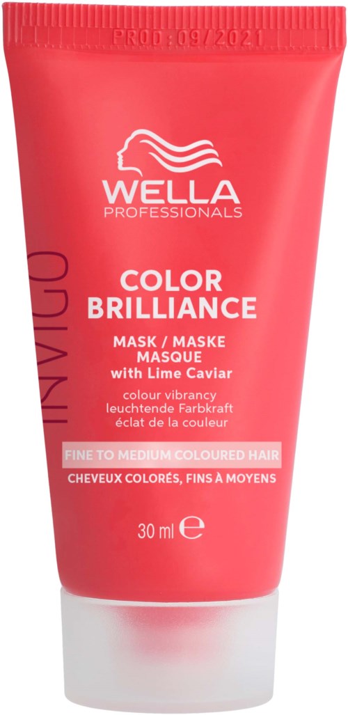 En röd tub med Wella Professionals Color Brilliance mask för fint till medium färgat hår med limekaviar. Den innehåller 30 ml.