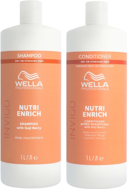 To flasker med Wella Nutri Enrich sjampo og balsam for tørt eller stresset hår med Goji Bær.