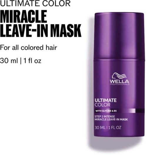 Lila flaska med svart text, en vit Wella-logga och produktuppgifter för hårmask.