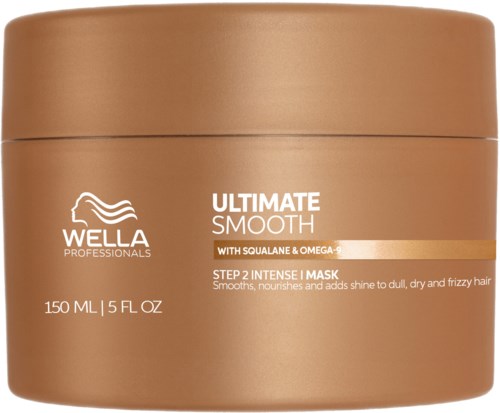 Dette er en brun beholder med Wella Professionals hårmaske. Den er merket som Ultimate Smooth med Squalane og Omega-9.