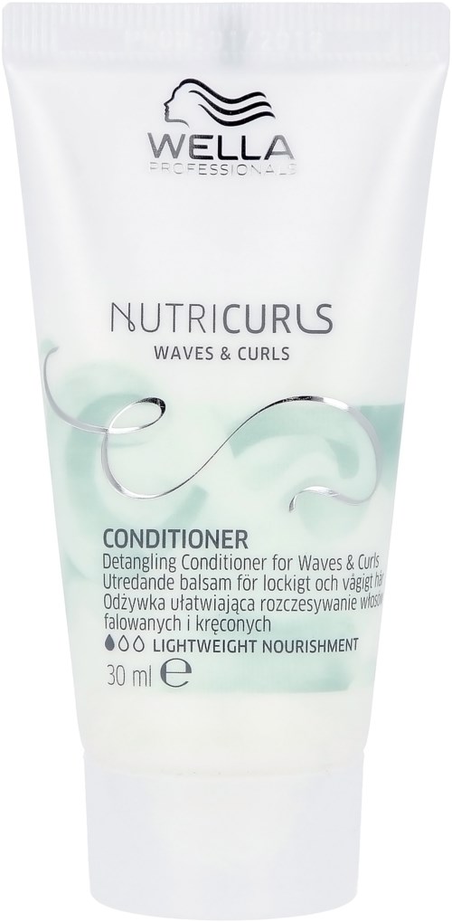 A white tube of Wella Nutricurls Waves & Curls Conditioner, 30 ml, for detangling and moisturizing hair.