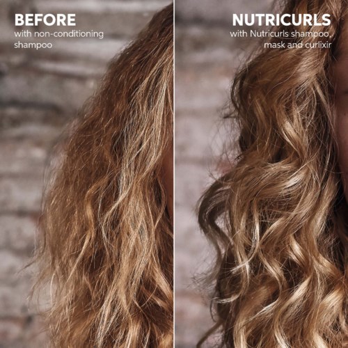Comparison showing hair before and after using Nutricurls shampoo, mask, and curlfix, with wavy and curly textures.