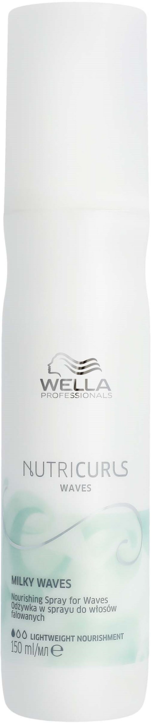 En vit cylindrisk flaska med Wella-märke, kallad Nutricurls Waves, för hårvård. Har en ljusgrön vågdesign.