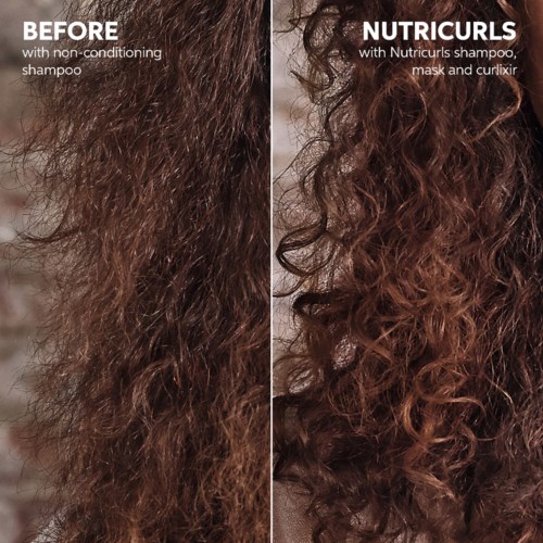 En före- och efterbilder som visar förvandling av lockigt hår med Nutricurls schampo, mask och curlifier.
