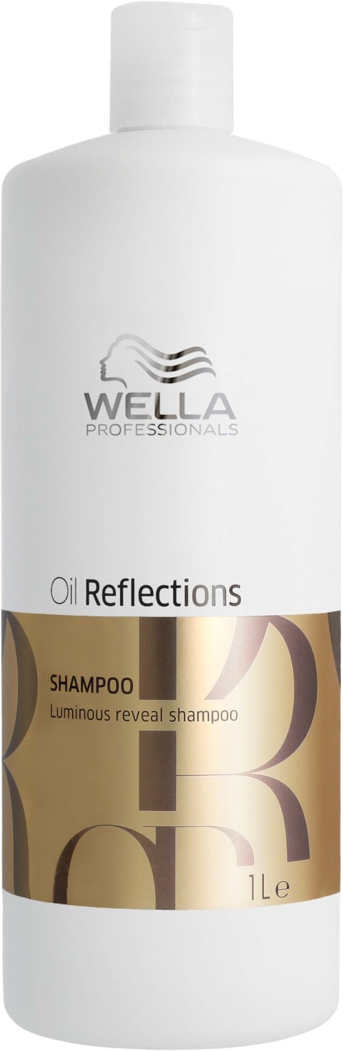 Vit flaska av Wella Professionals Oil Reflections schampo med guld- och svart etikett, 1 liter.