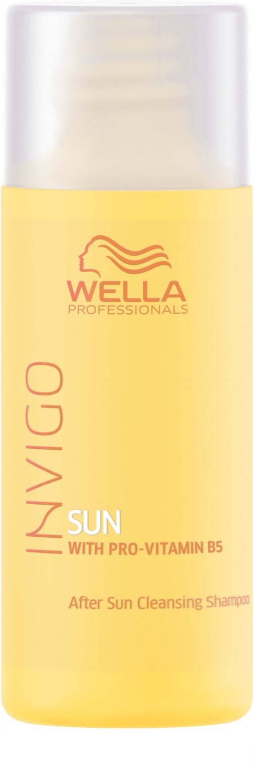 Gul flaske med Wella Invigo Sun-shampoo med Pro-Vitamin B5. For rengjøring etter sol.
