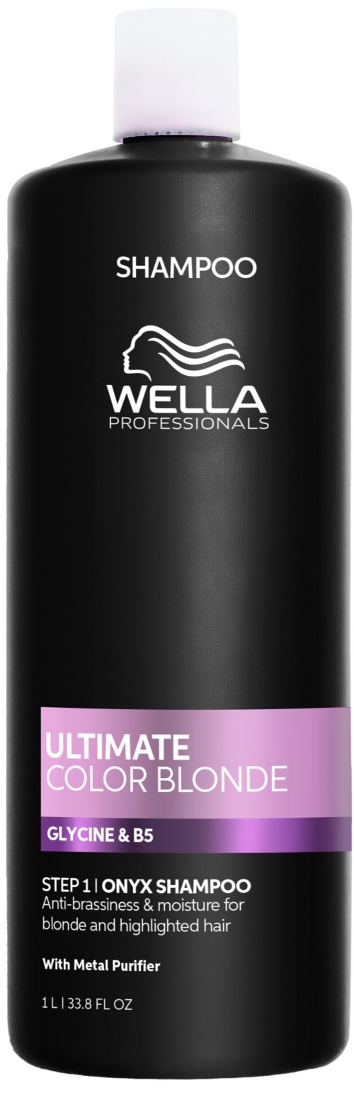 Svart schampoflaska med vit topp och lila etikett, med varumärket Wella Professionals och produktuppgifter.
