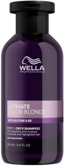 Lila flaska med Wella Professionals Ultimate Color Blonde onyx schampo för blont och färgade hår.