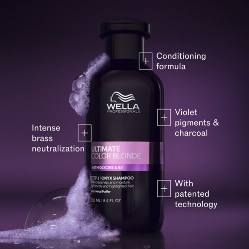 Etikett på en svart schampoflaska markerar vårdande formula, violetta pigment och aktivt kol, samt teknik, och intensiv brassneutralisering.