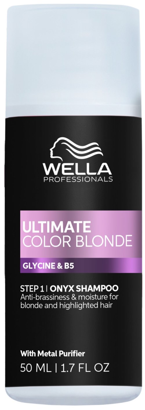 Svart och vit schampoflaska med lila etikett och vitt lock, märkt som Wella Professionals Ultimate Color Blonde med Glycine och B5.