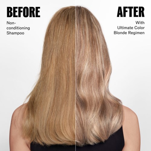 Sidopar av en kvinnas raka blonda hår före och efter färgning med blont hårfärg.