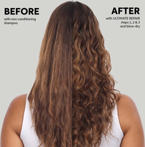 Eine Frau mit glattem Haar links und lockigem Haar rechts, zeigt einen Haarwechselprozess.