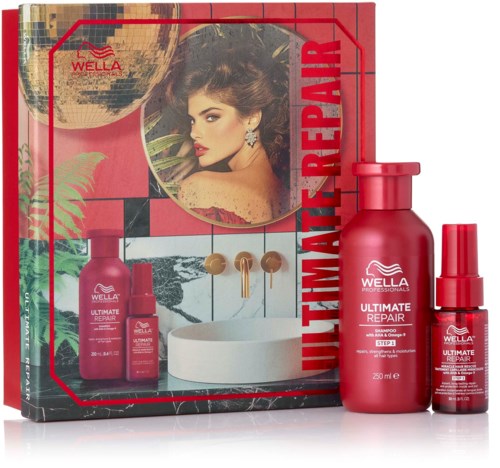 A Wella hair repair kit with shampoo, serum, and small bottle displayed in front of a colorful box.