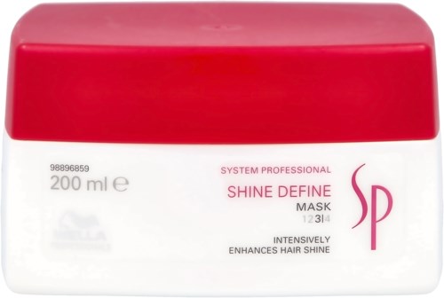En hårvårdsprodukt i en vit behållare med lock i rött, märkt som Shine Define Mask för att förbättra hårglansen.