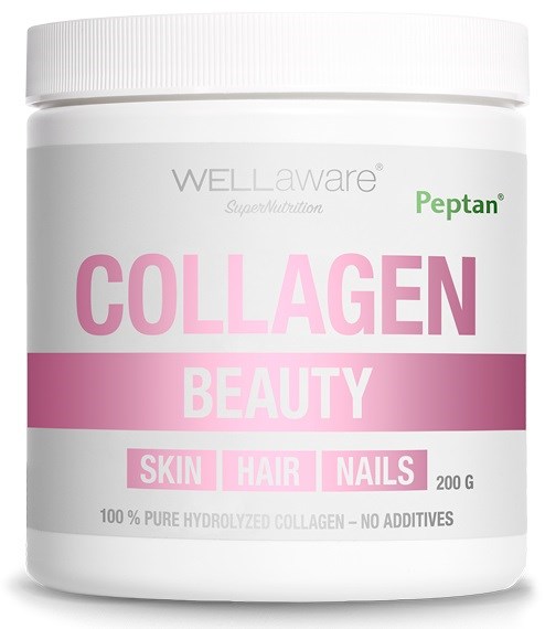En vit behållare märkt 'COLLAGEN BEAUTY' med rosa och gröna text, som visar fördelar för hud, hår och naglar.