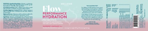 En lyseblå og pink etikette med produktnavn 'Flow' og ord som 'performance,' 'hydration' og 'probiotics.'