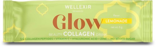 Grøn og gul emballage til Glow Collagen Drink med citrussmag, fremmer hudfordeler og ingen tilsat sukker.