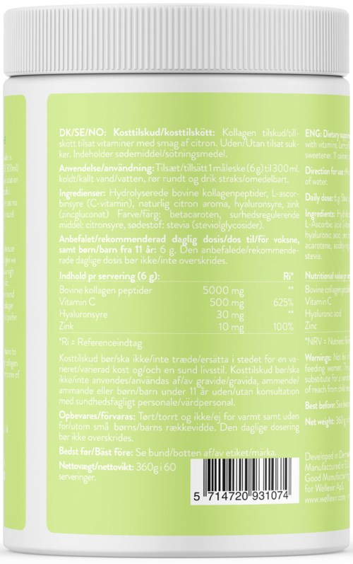 En grøn og hvid kosttilskudsflaske med etiketter og stregkode, indeholder kollagen og vitaminer til hudens sundhed.
