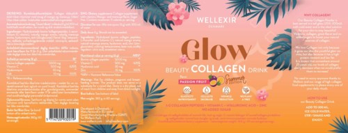 A colorful label with tropical leaves, flowers, and text promoting a collagen beverage called Glow. It emphasizes beauty and health.