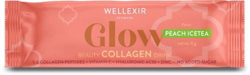 En ferskenfarvet emballage til kollagen drik med mærket WellXir Glow, der viser smag og ingrediensdetaljer.