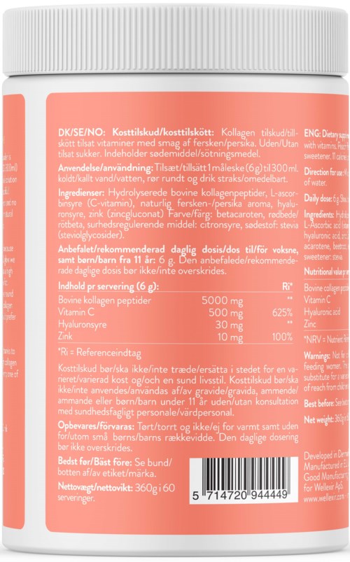 En kosttilskudsbeholder med rosa etikett, hvid låg og næringsoplysninger på forskellige sprog.