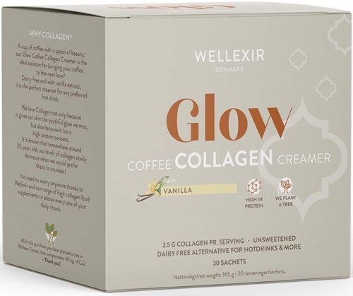 En æske af Wellfixir Glow Coffee Collagen Creamer mærket vaniljesmag, med beskrivelser af kollagenfordele og ingredienser.