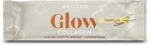 En vaniljesmagende collagen kaffefløde i en lysfarvet enkeltpakke med brunt og guld tekst.