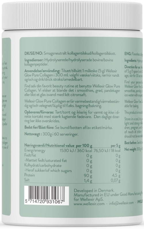 Etiketten viser ingredienser og ernæringsinformation for et kollagentilskud, med grøn og hvid design.