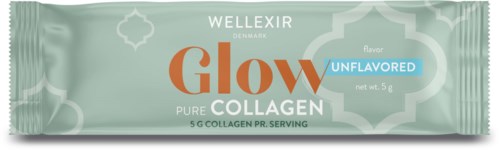 En lys grøn pakke med kollagenpulver fra WELLEXIR, mærket 'Glow', 'Unflavored', netto vægt 5 gram.