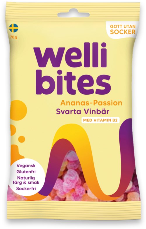 Pink candies with black currant flavor on yellow packaging with purple and orange text and design elements.