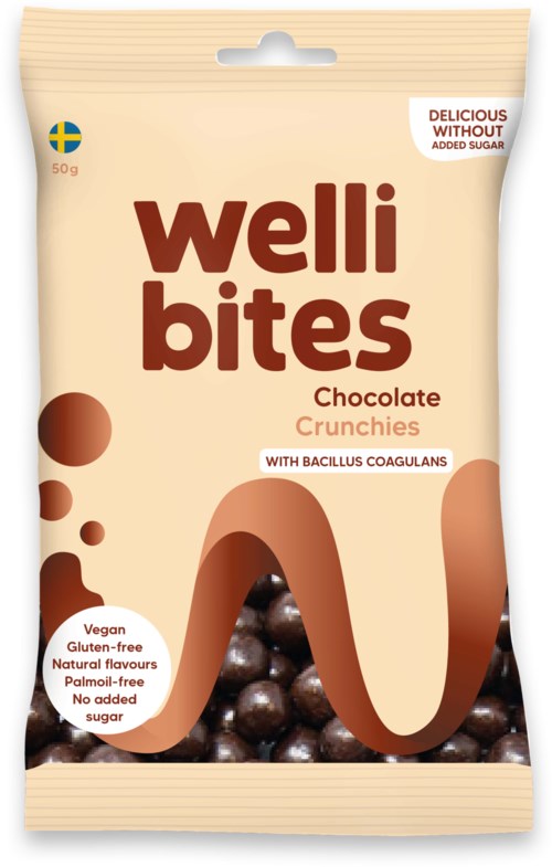 Chocolate crunchies snack package with text highlighting it is vegan, gluten-free, and contains no added sugar.