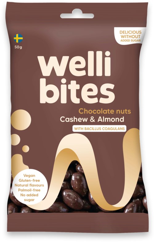 A brown snack package labeled Welli Bites with chocolate nuts, cashew, and almond inside, highlighting vegan, gluten-free, and no added sugar.