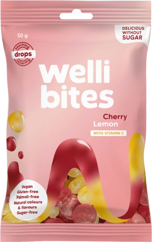 Pink packaging with a product name, cherry lemon flavor, and nutritional benefits listed, including vegan and sugar-free.