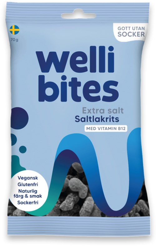 Blue packet of Welli Bites salty candies with vitamin B12, labeled as vegan, gluten-free, and without added sugar.