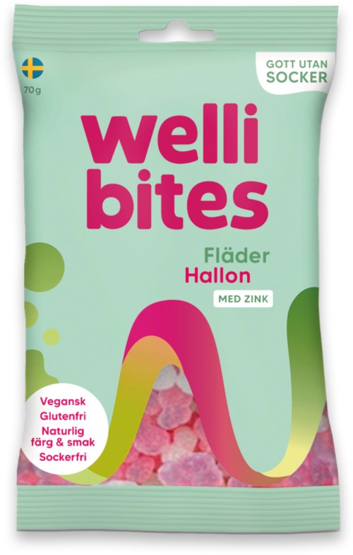 Green packaging with pink and yellow text, showing watermelon-flavored candy and mentions being vegan, gluten-free, and with zinc.