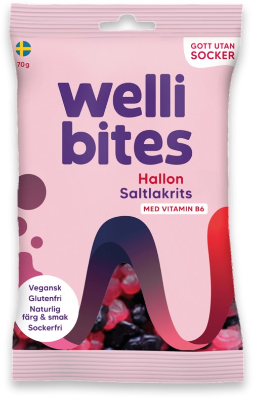 Pink bag of Welli Bites with lingonberry salt licorice, vitamin B6, and labels indicating it's vegan and free from gluten.