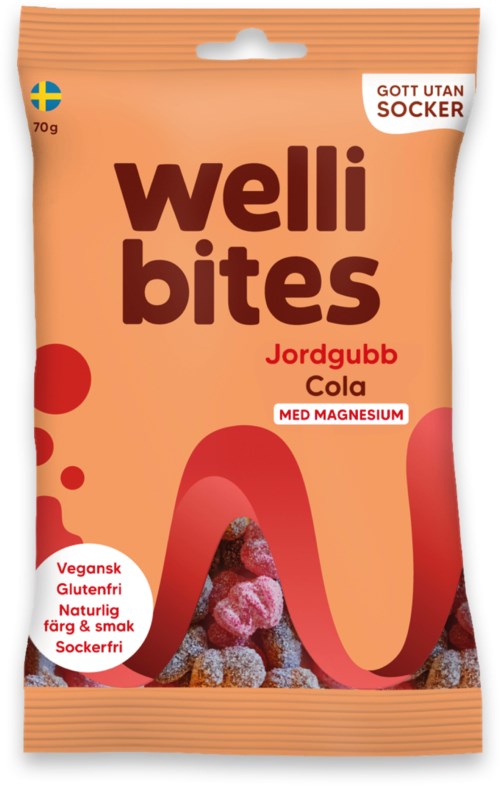 Welli Bites strawberry cola snack, free from animal products, gluten, with natural color and flavor, and contains magnesium.