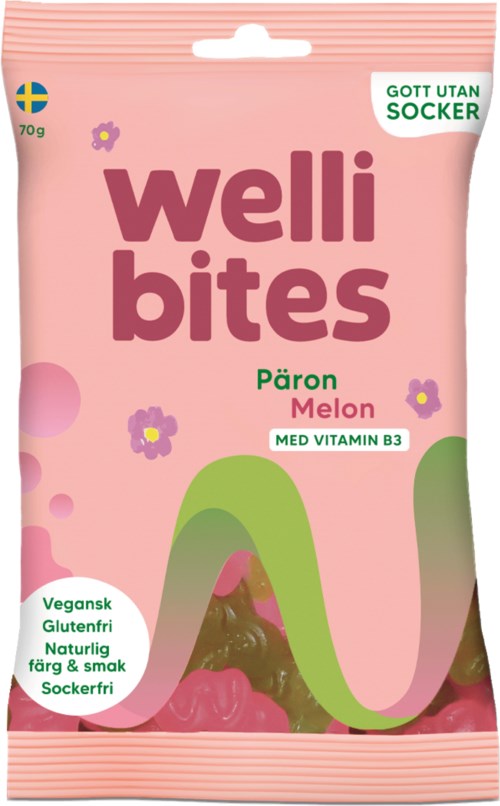 Pink package with green and purple accents, shows melon and pear flavors, labeled vegan, gluten-free, natural, and free of artificial colors.