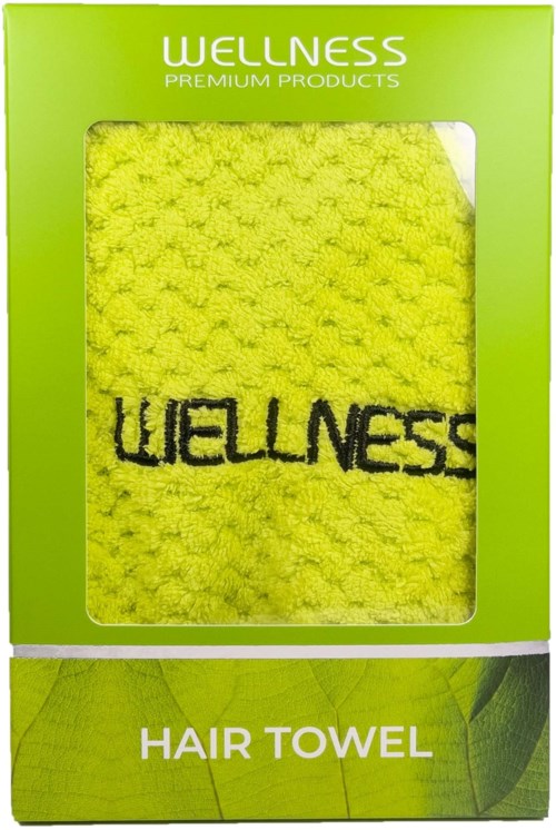 Green packaging for a hair towel labeled 'WELLNESS' in black. The towel is yellow and textured inside the box.