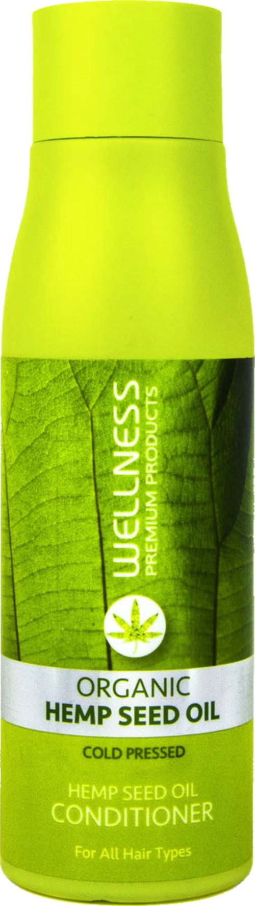 A green bottle of organic hemp seed oil conditioner with a leaf design, suitable for all hair types.
